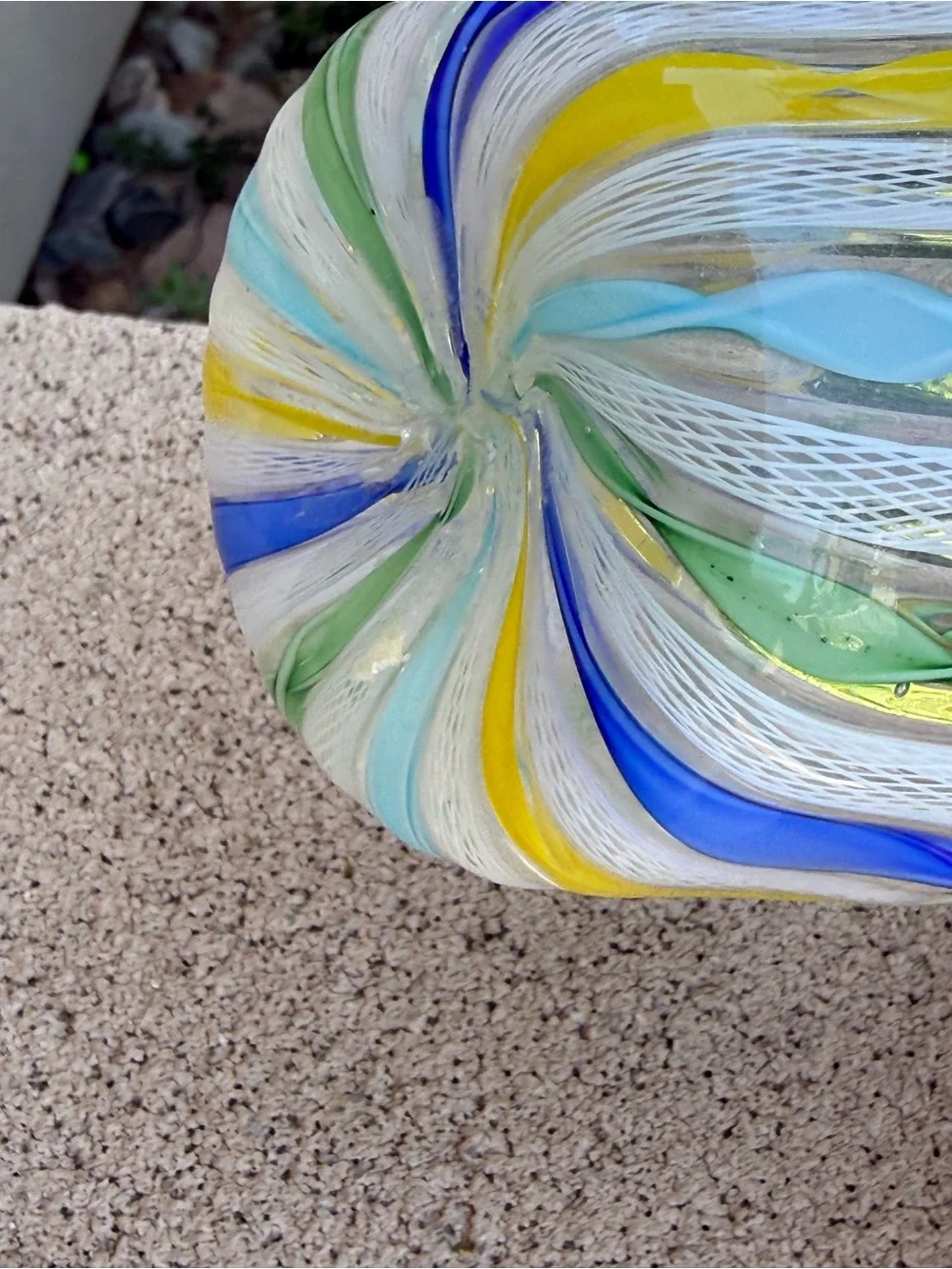 Murano Latticino Blue Green Yellow & White Ribbon Blown Glass Bowl Handkerchief